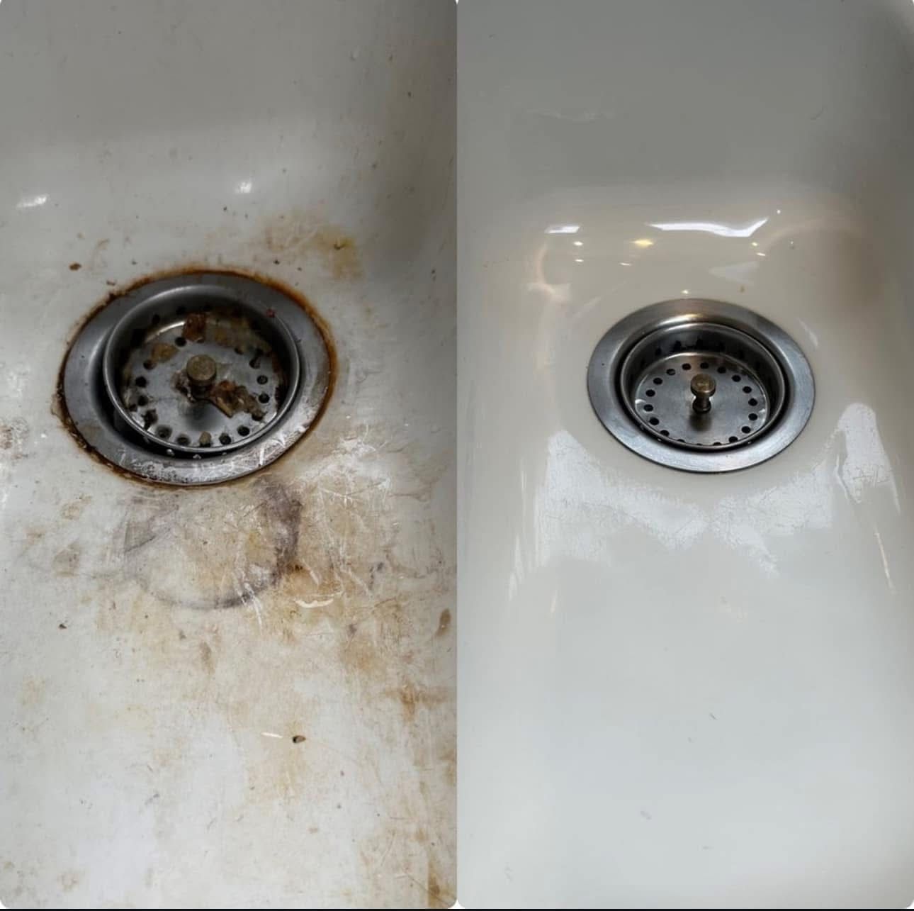A split-screen comparison showing a dirty white kitchen sink on the left and the same sink cleaned and shining on the right.