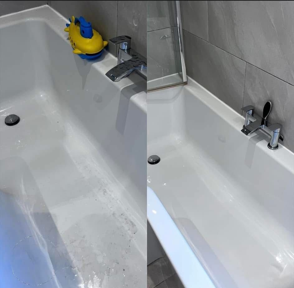 Before-and-after comparison showing a bathtub before and after a deep cleaning.