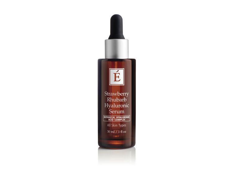 Bottle of strawberry-infused hyaluronic serum with dropper, brown glass, white background.