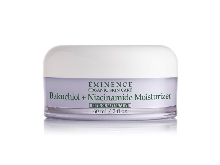 Eminence Organic Skin Care Bakuchiol + Niacinamide Moisturizer jar, white lid, purple label, and text on a white background.