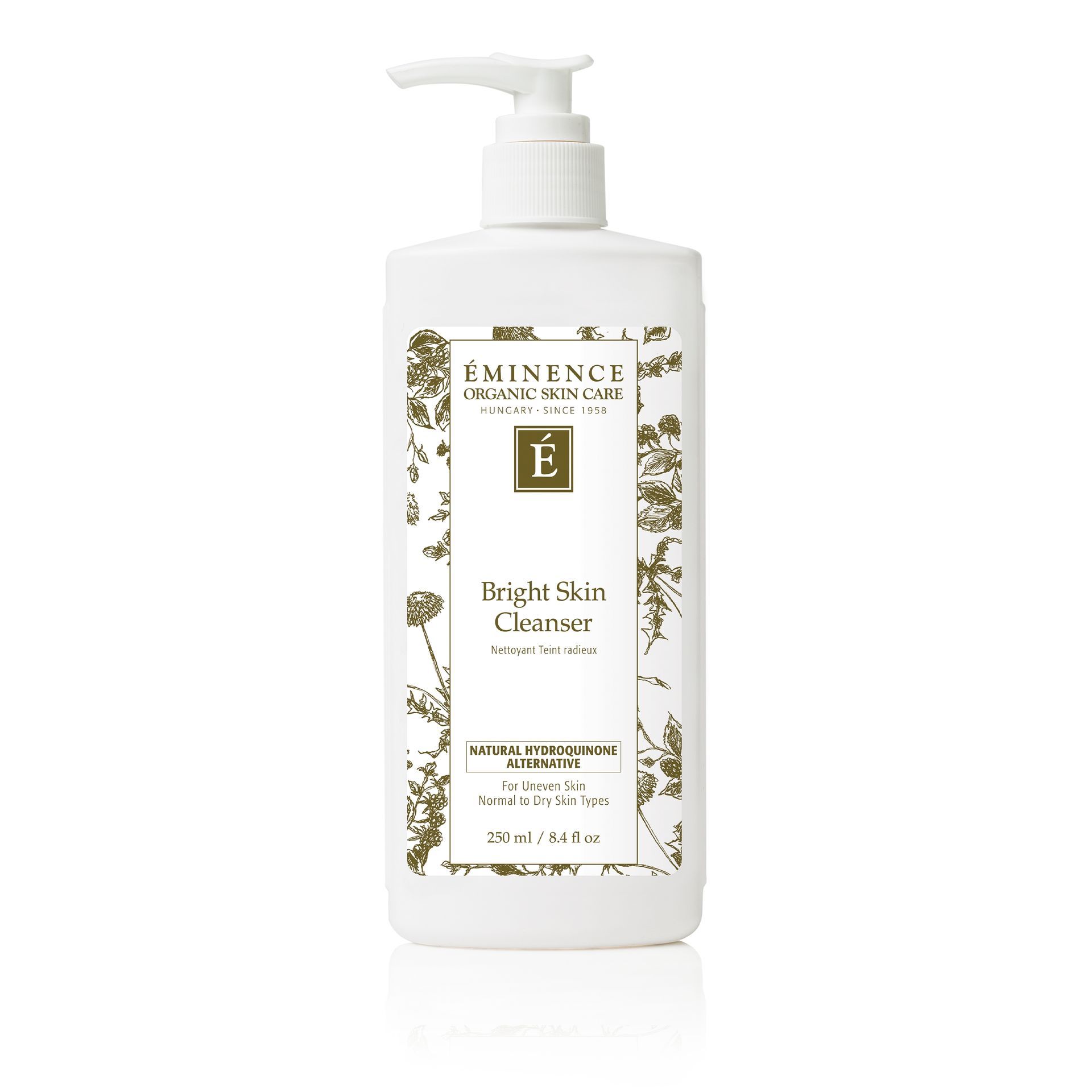 White bottle of Eminence Bright Skin Cleanser with pump dispenser and botanical design.