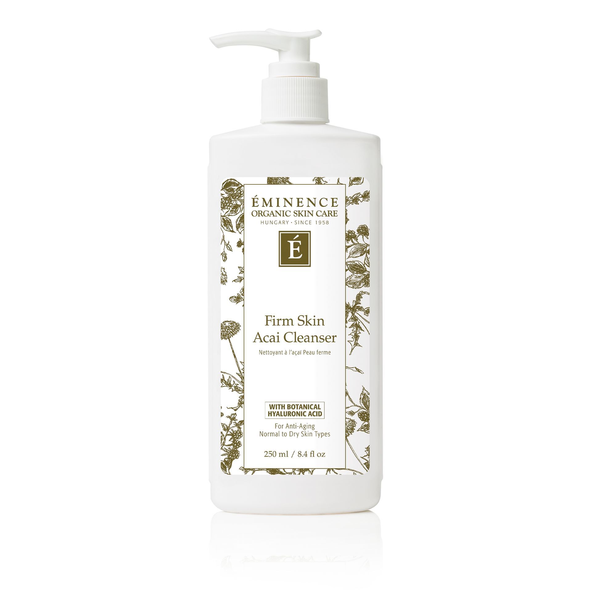 White Eminence Firm Skin Acai Cleanser bottle with pump; gold label, botanicals.
