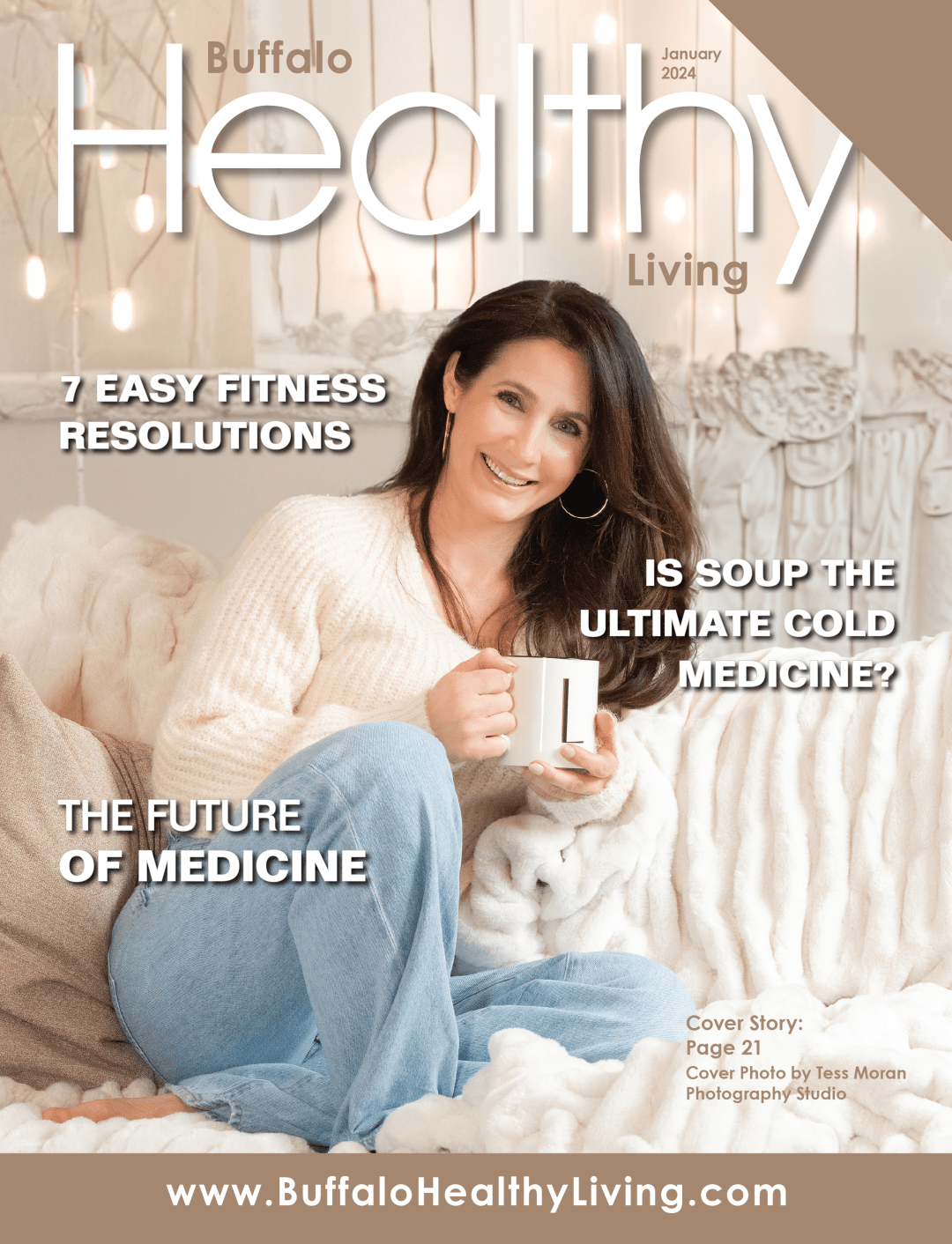 Magazine cover: Woman holding mug, text