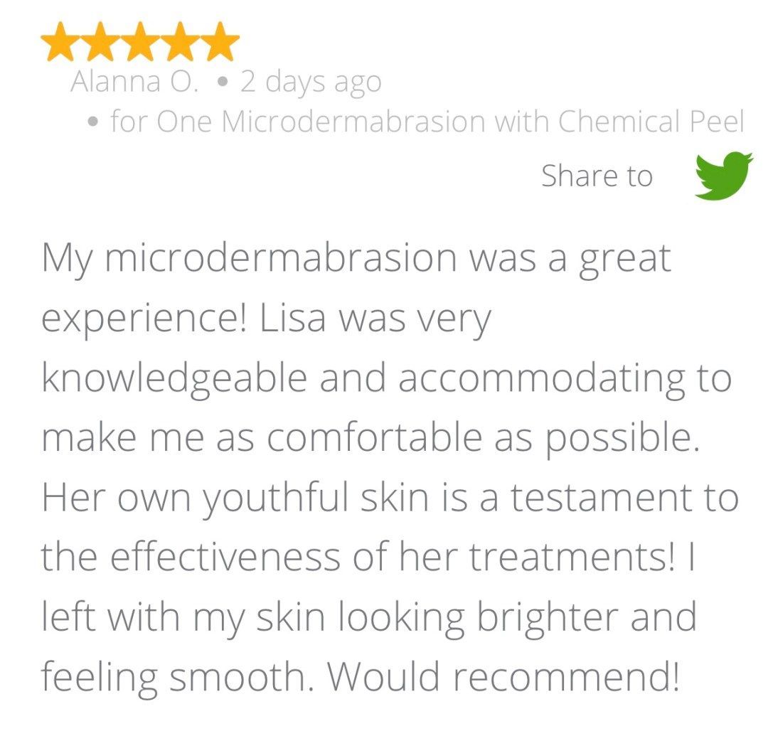 Customer review of microdermabrasion with 5-star rating. Text mentions 