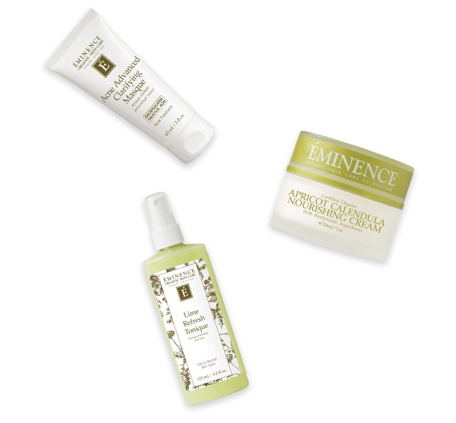 Skincare products: cleanser, toner, and cream from Éminence. White and light green packaging.