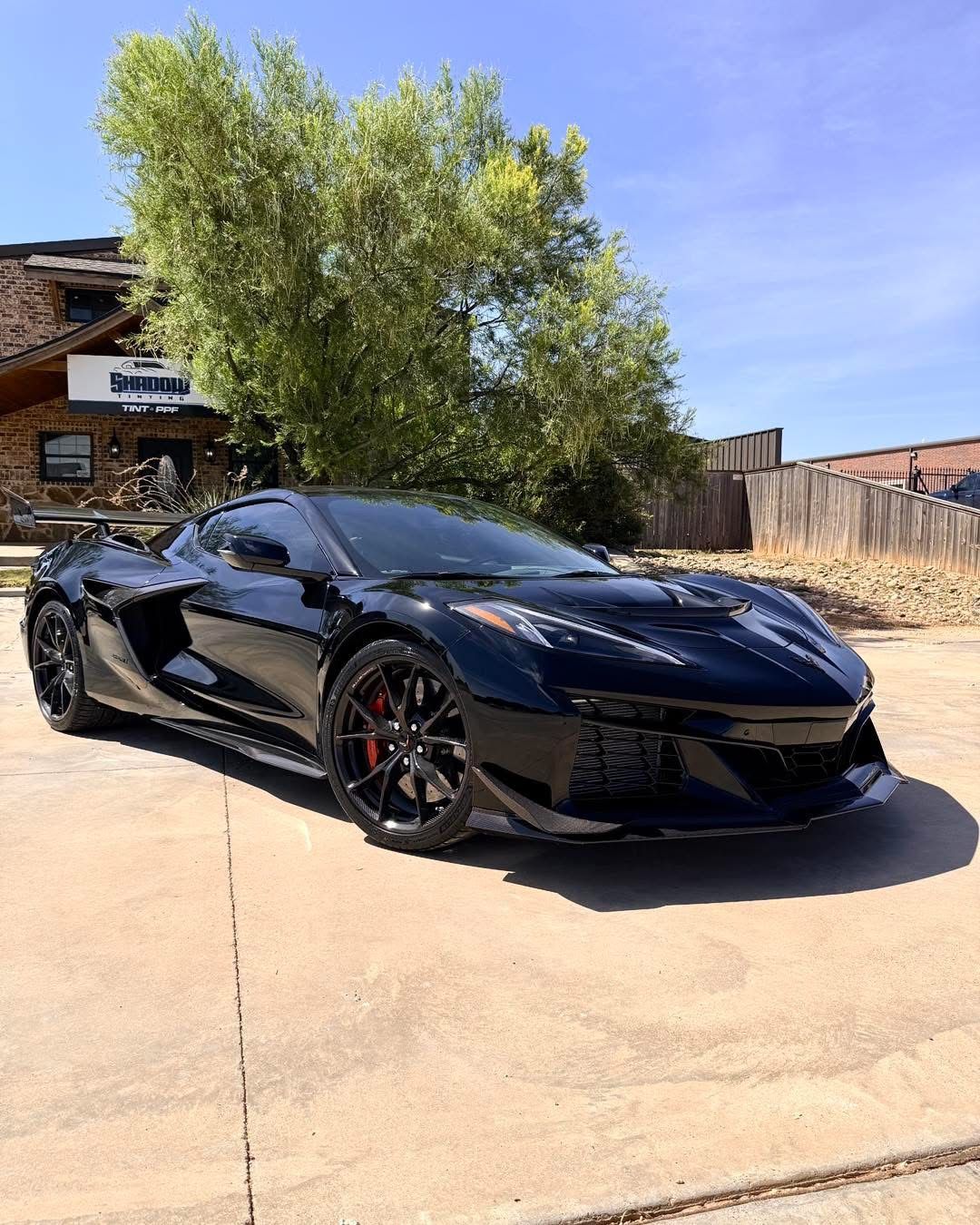 Black sports car parked on a driveway beside a tree and wooden fence under a clear blue sky