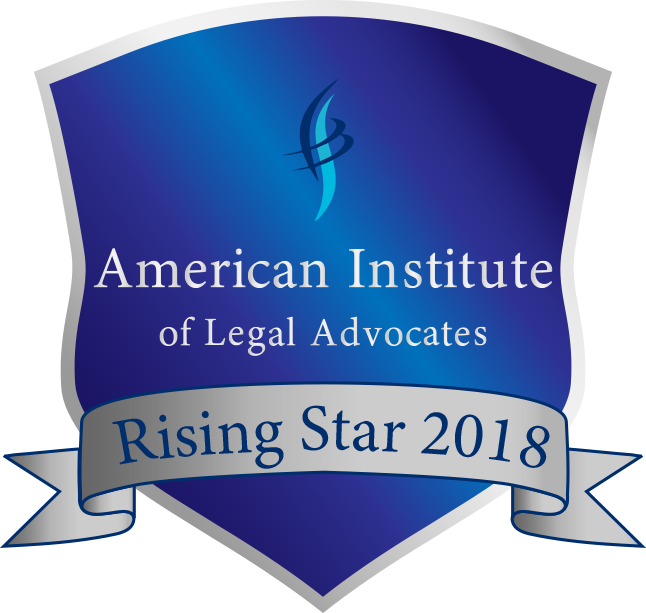 Blue shield logo for American Institute of Legal Advocates, reading “Rising Star 2018”