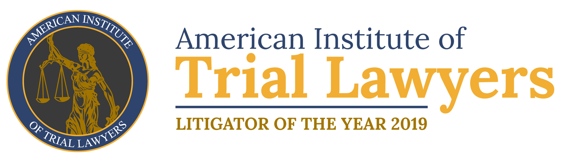 American Institute of Trial Lawyers logo with gold and blue seal and “Litigator of the Year 2019” text
