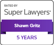 Super Lawyers badge for Shawn Gritz, rated 5 years, with purple banner