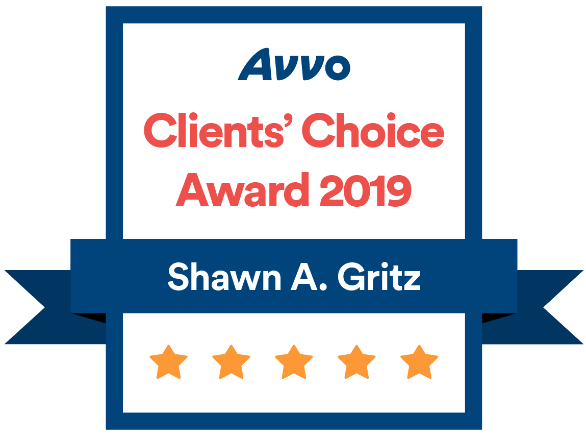 Avvo Clients’ Choice Award 2019 badge for Shawn A. Gritz, with five gold stars and blue ribbon