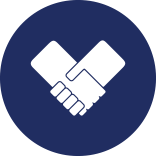 White handshake icon on a dark blue circle symbolizing partnership or agreement.
