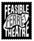 Black background in the silhouette of a stamp, The text Feasible Ferret Theatre. The word Ferret is the outline of a Ferret.