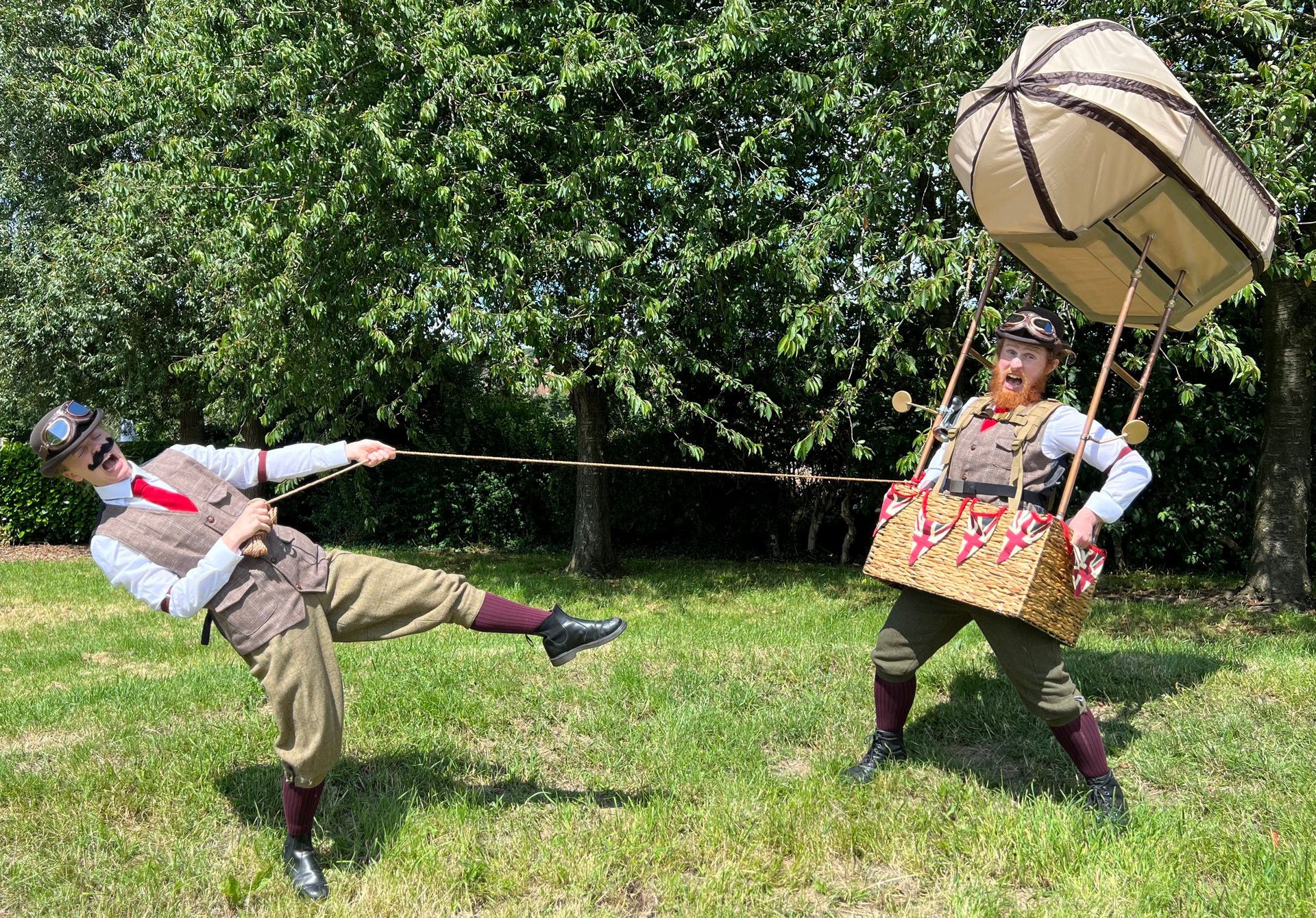 Wrong Brother in a large one person airship costume trying to fly.