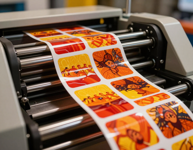 Sticker printing press producing vibrant color prints
