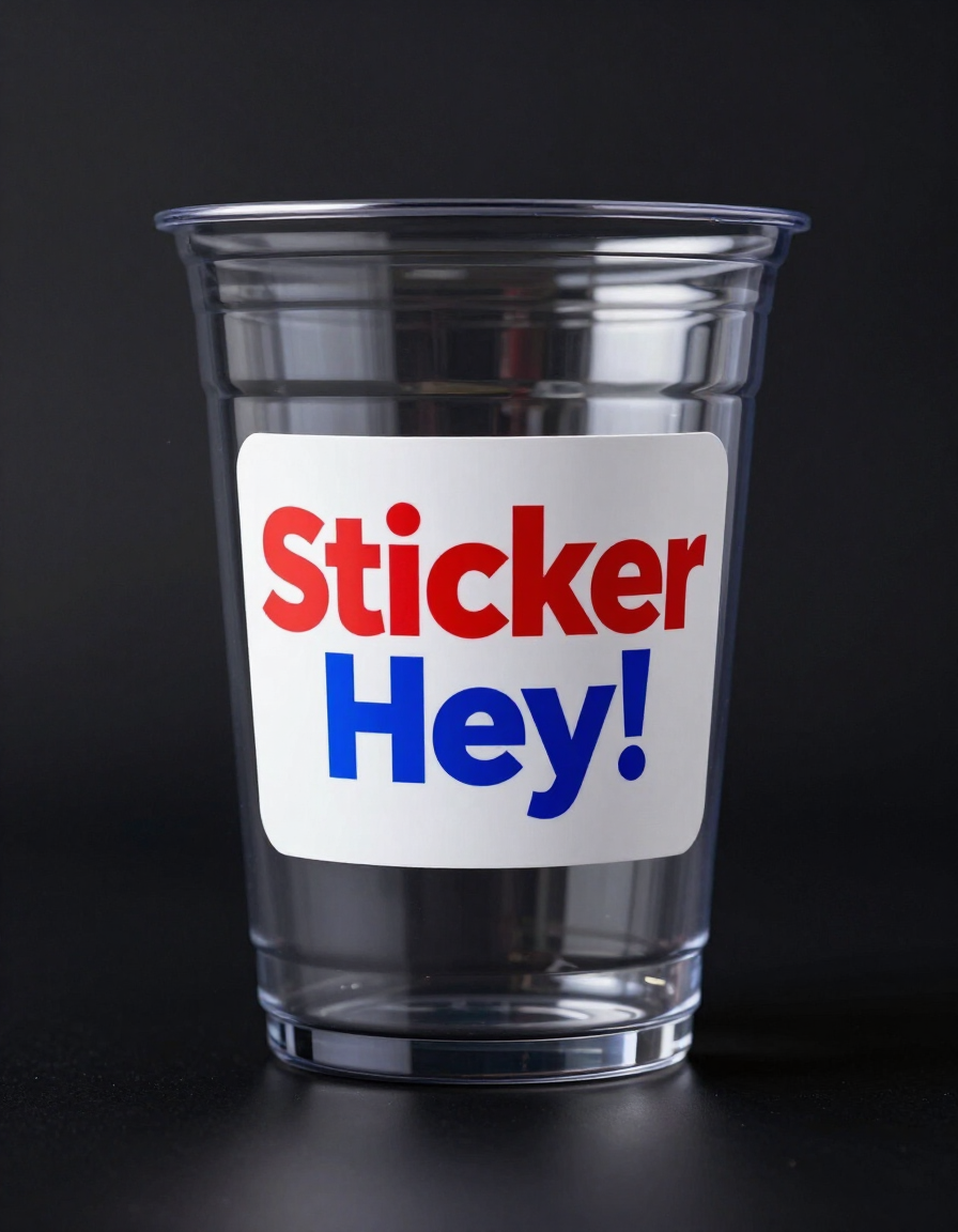 Plastic cup with Sticker Hey! custom sticker label