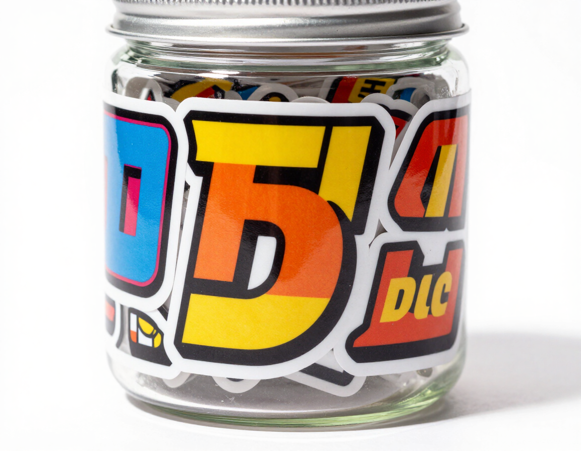 Glossy custom stickers on a retail product jar — vivid shiny finish for product labels
