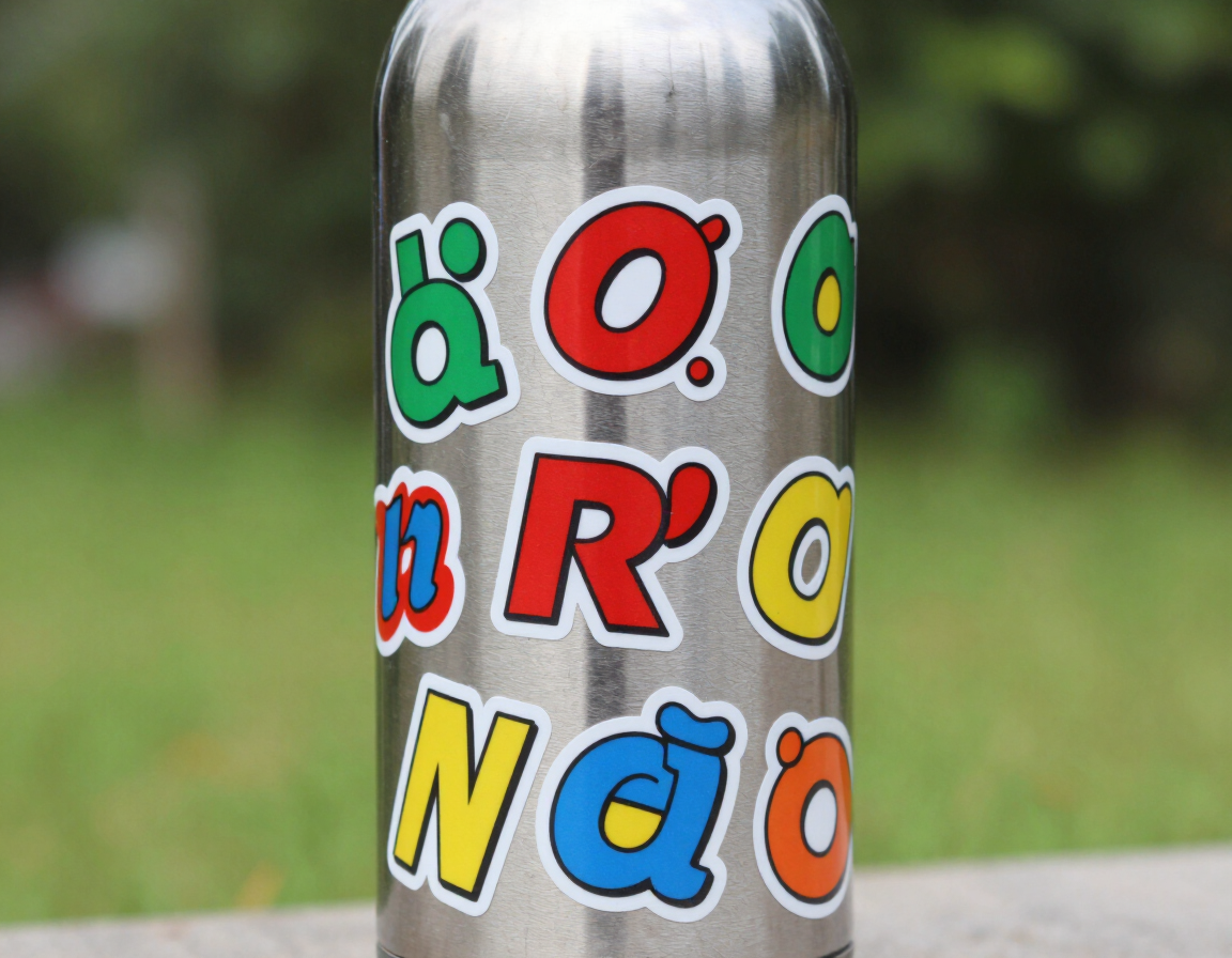 Vinyl stickers applied to a water bottle — durable waterproof custom stickers