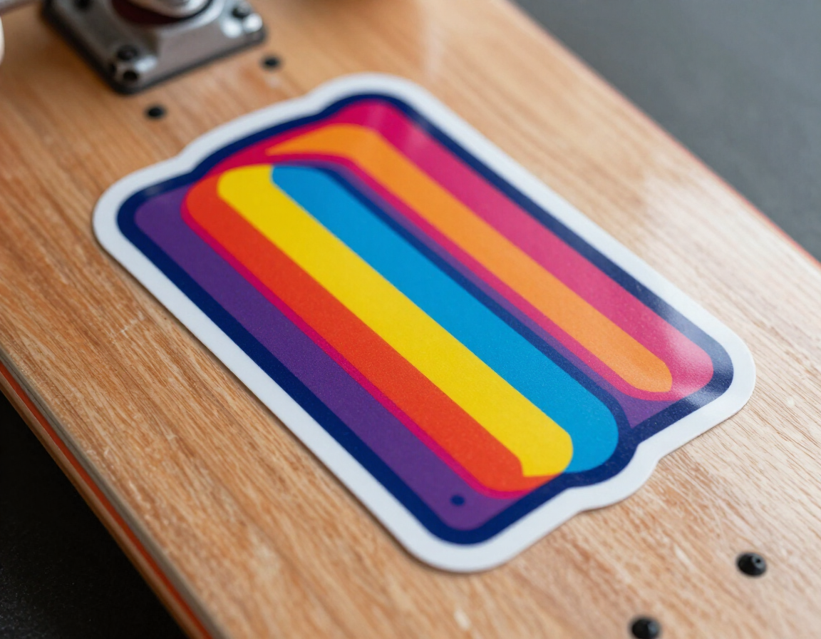 Custom vinyl die-cut sticker on skateboard — bold colors, precise cut