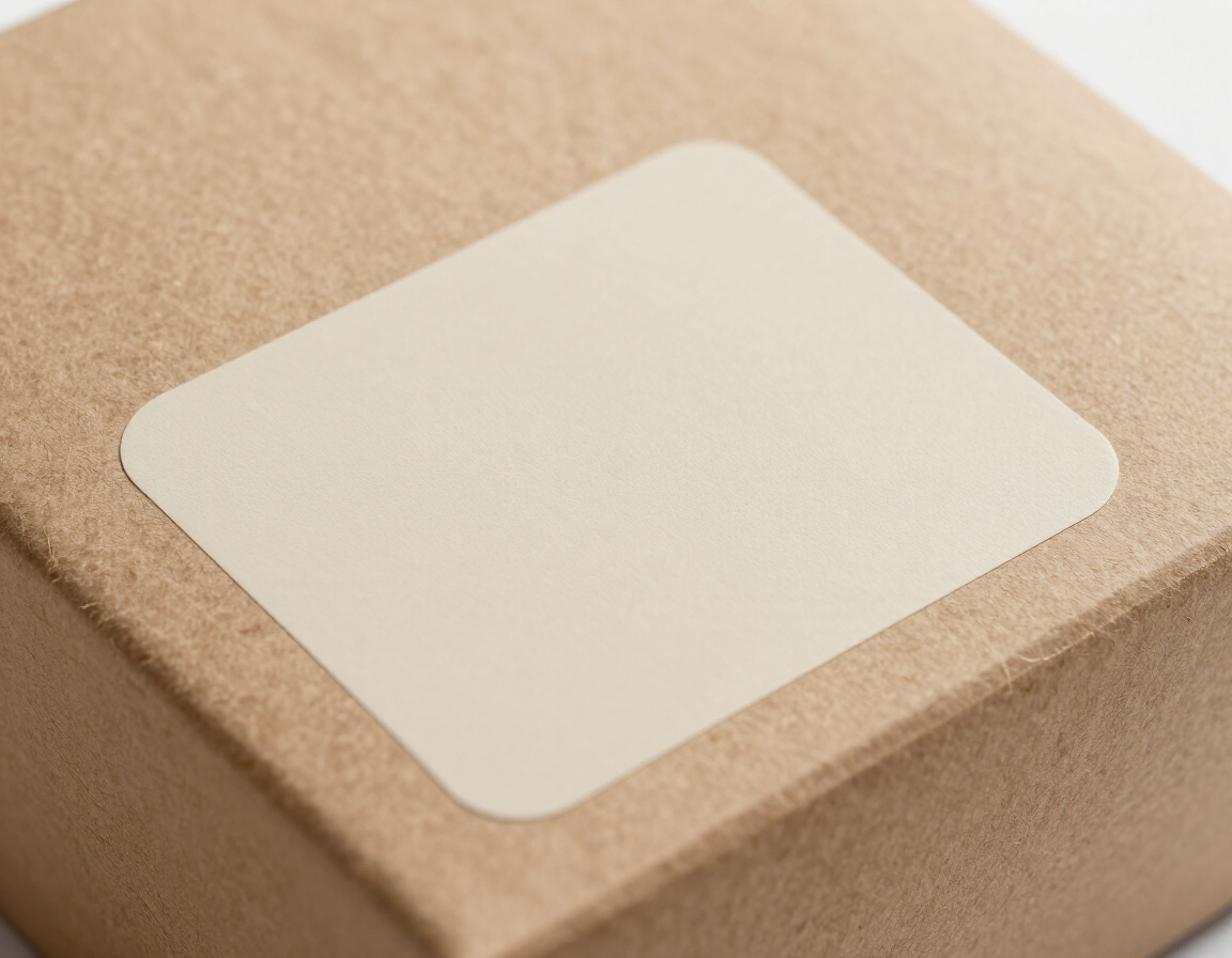 Soft touch matte sticker on kraft paper packaging close up