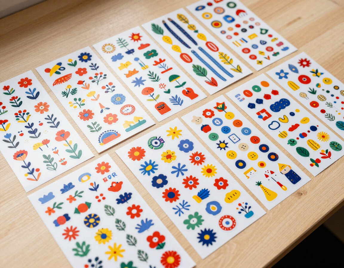 Custom paper sticker sheets with colorful designs laid flat