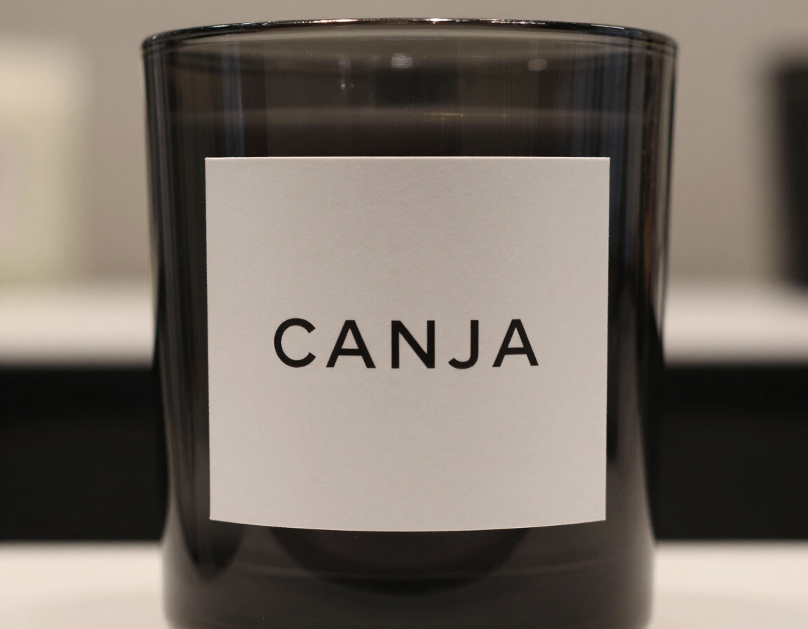 Matte label sticker on dark glass candle jar — premium product branding
