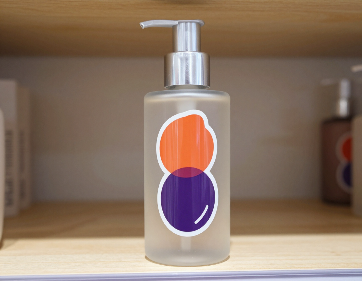 Glossy sticker on cosmetics bottle — high shine vivid colors on retail shelf
