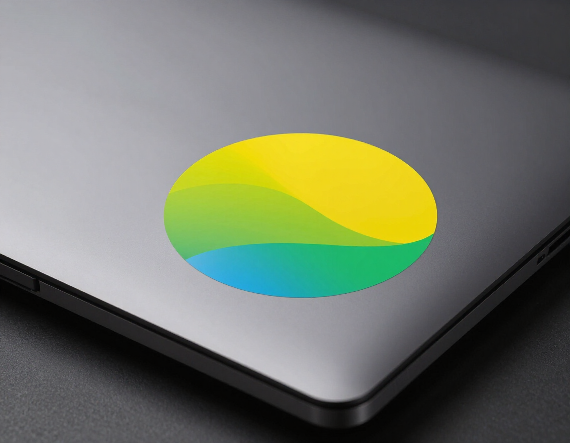 Glossy custom logo sticker on laptop lid — vibrant shiny brand sticker