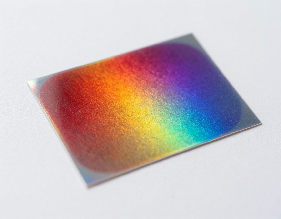 Glossy holographic sticker on white surface showing rainbow sheen