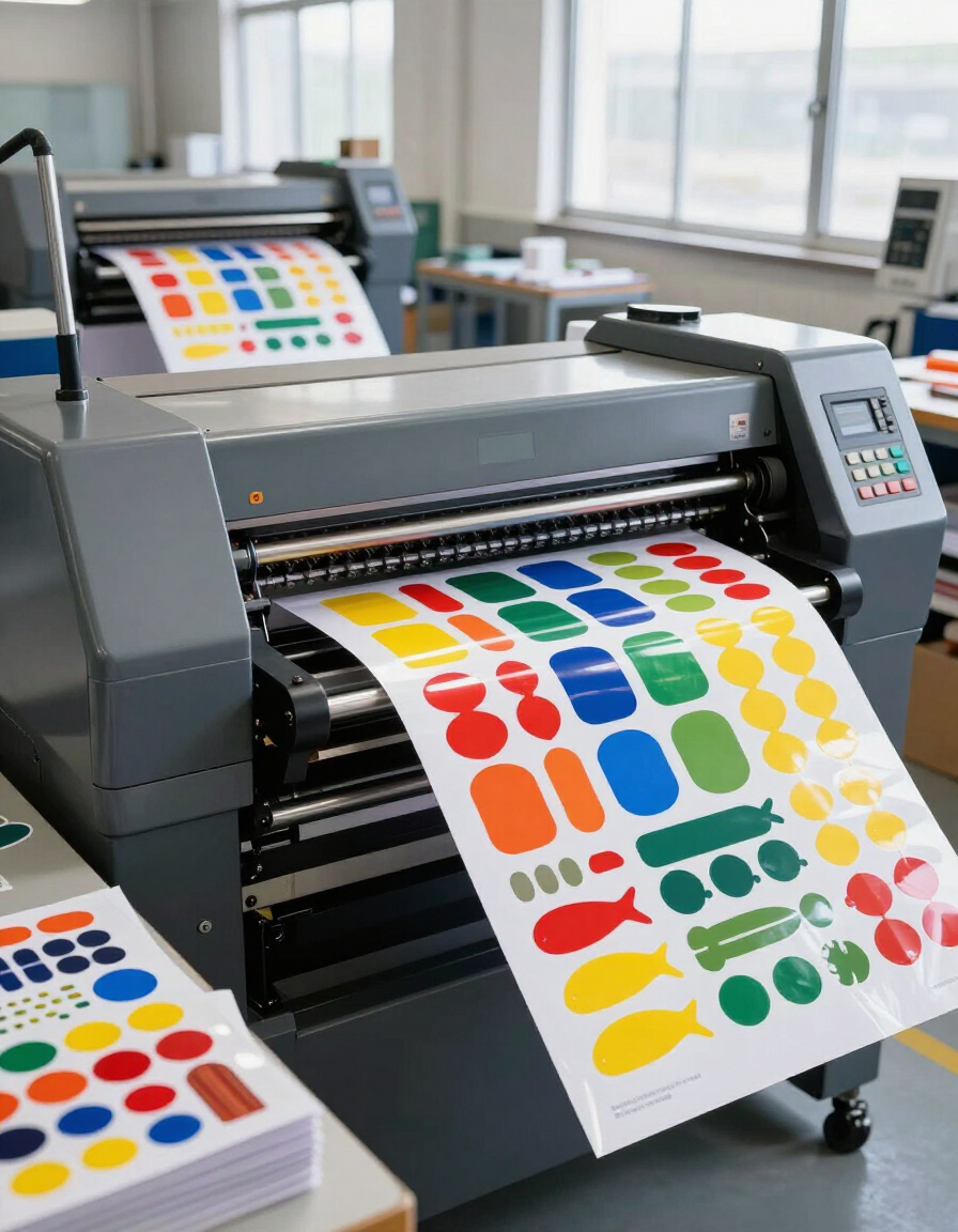 Professional sticker printing workshop with vibrant colorful printed sheets
