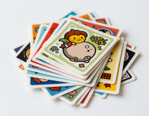 Stack of colorful custom printed stickers on white table