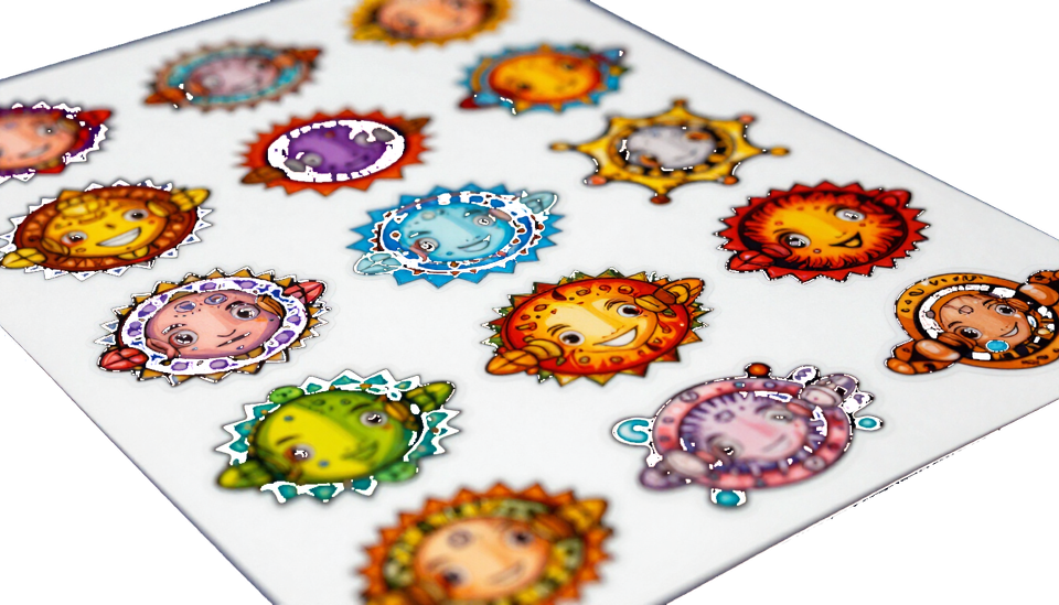 Close up of glossy custom sticker sheet showing vivid colors and professional print quality