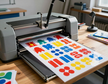 Custom sticker sheets being cut on a professional die-cut machine