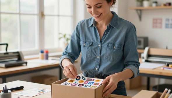 Happy small business owner opening custom sticker order