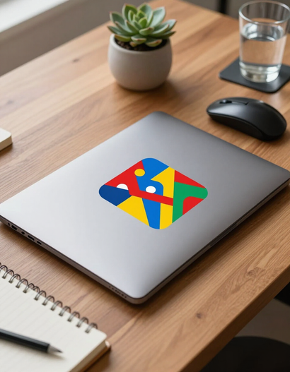 Custom vinyl sticker on laptop lid in a creative workspace