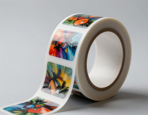 Vinyl sticker roll unrolling — full color custom print product packaging