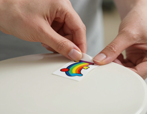 Person applying a custom sticker to a product — Sticker Hey! custom order