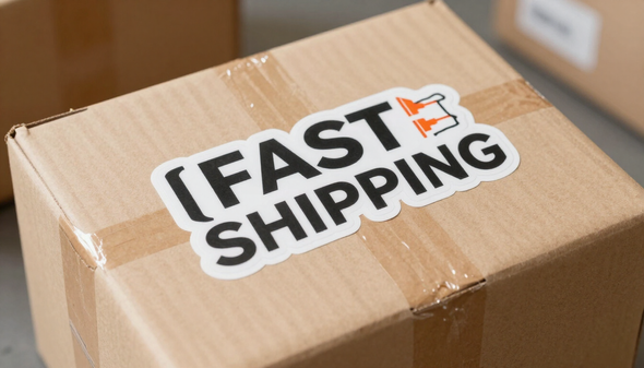 Fast shipping sticker order being packaged at fulfillment center