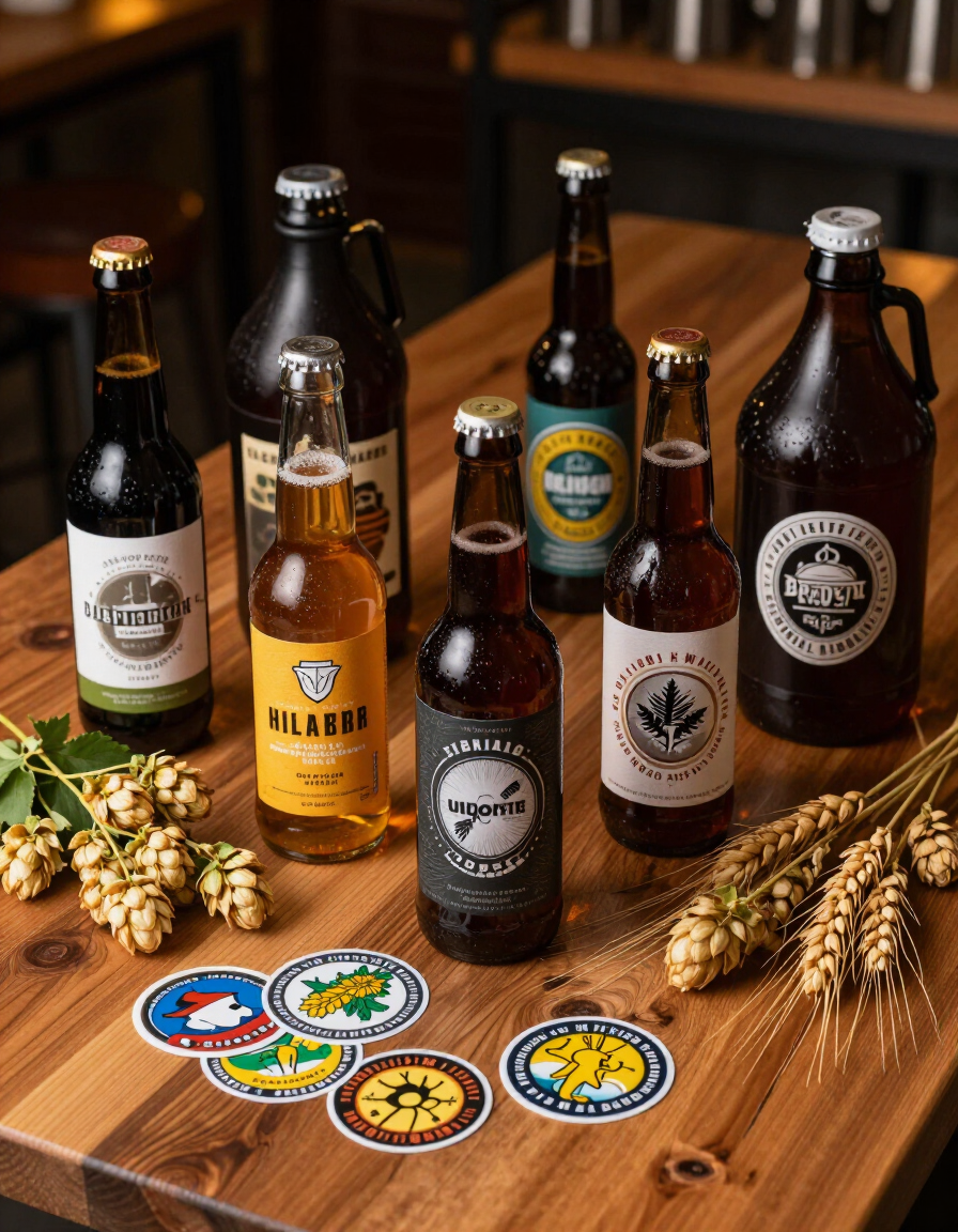 Custom brewery sticker labels on craft beer bottles and growlers in Canada
