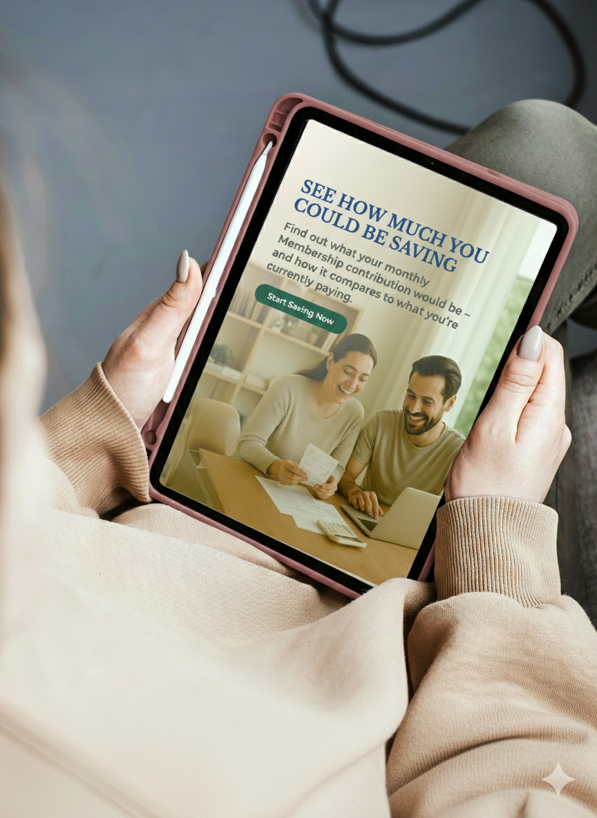 Person holding a tablet with ad: 