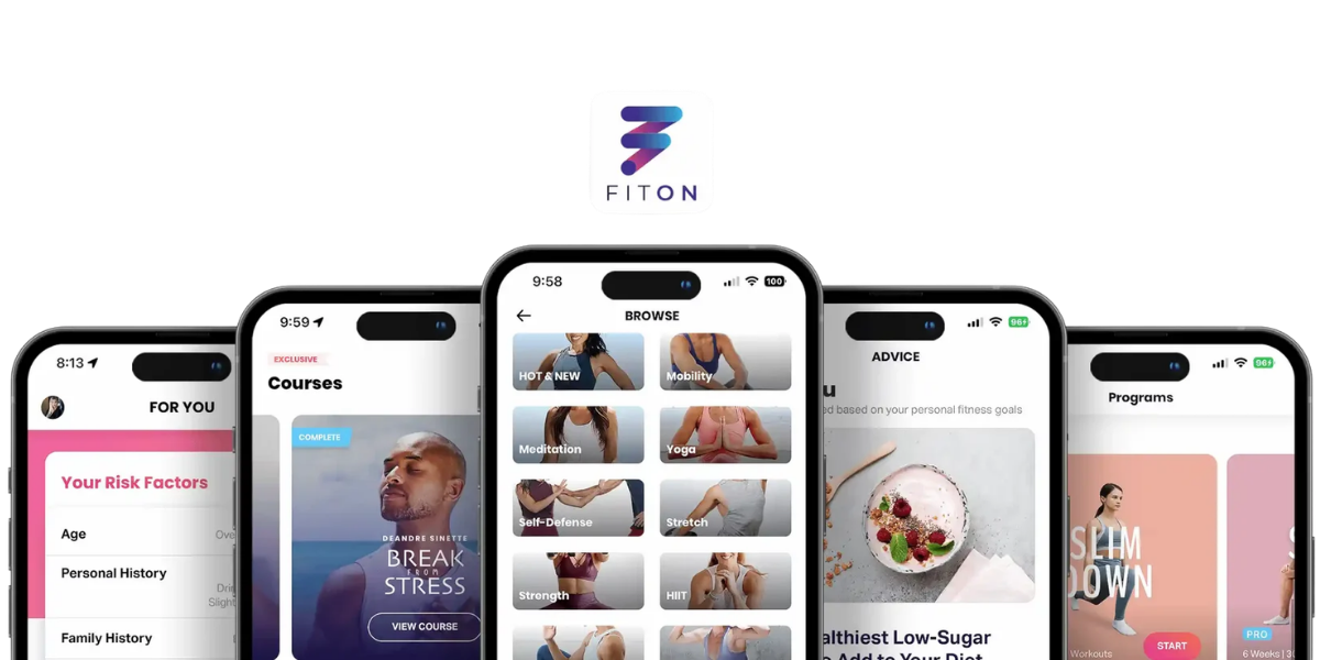 Collage of smartphone app screens under a Triton logo, showing fitness, food, and social content.