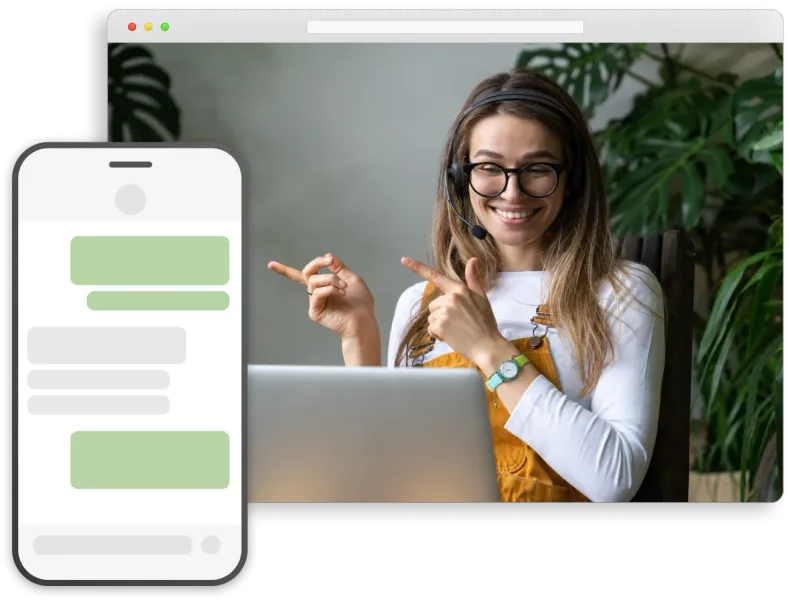 Woman with headset and glasses on video call, pointing. Smartphone with chat alongside.