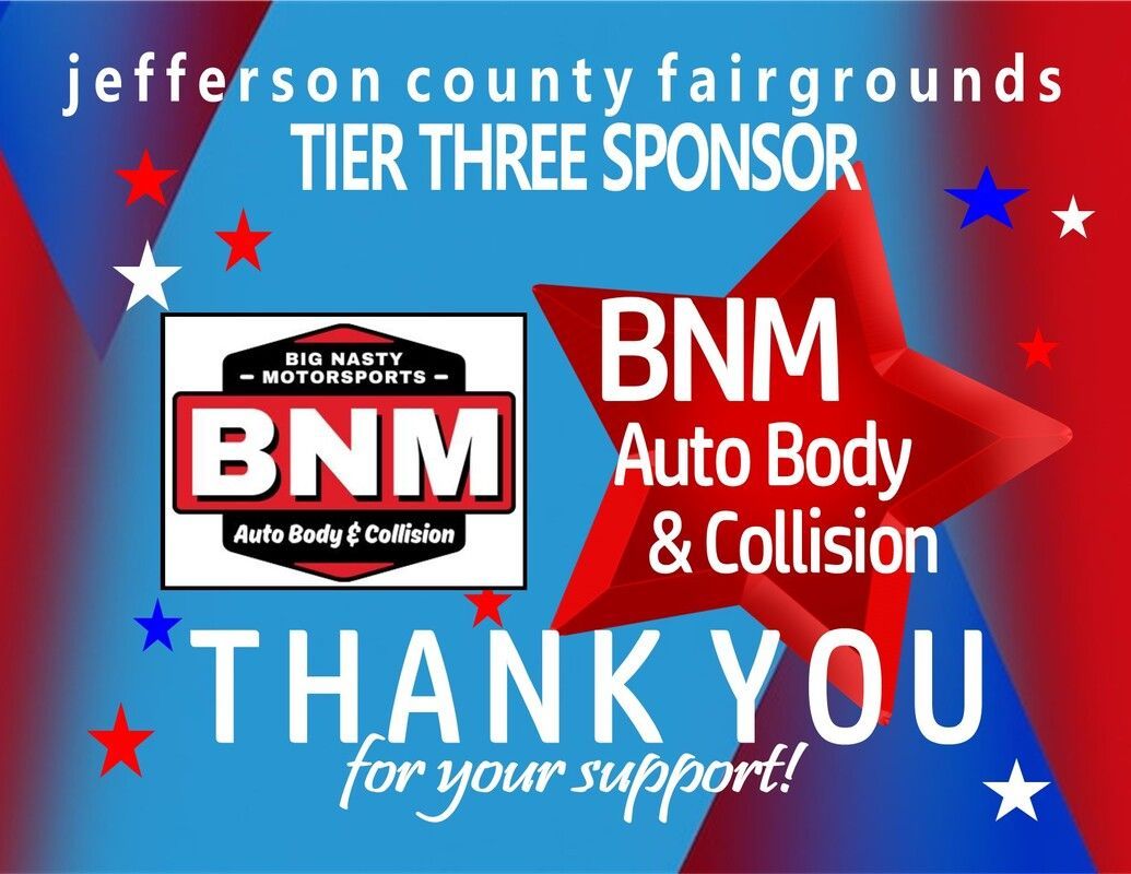 Jefferson County Fairgrounds tier three sponsor thank-you ad for BNM Auto Body & Collision, red and blue stars.