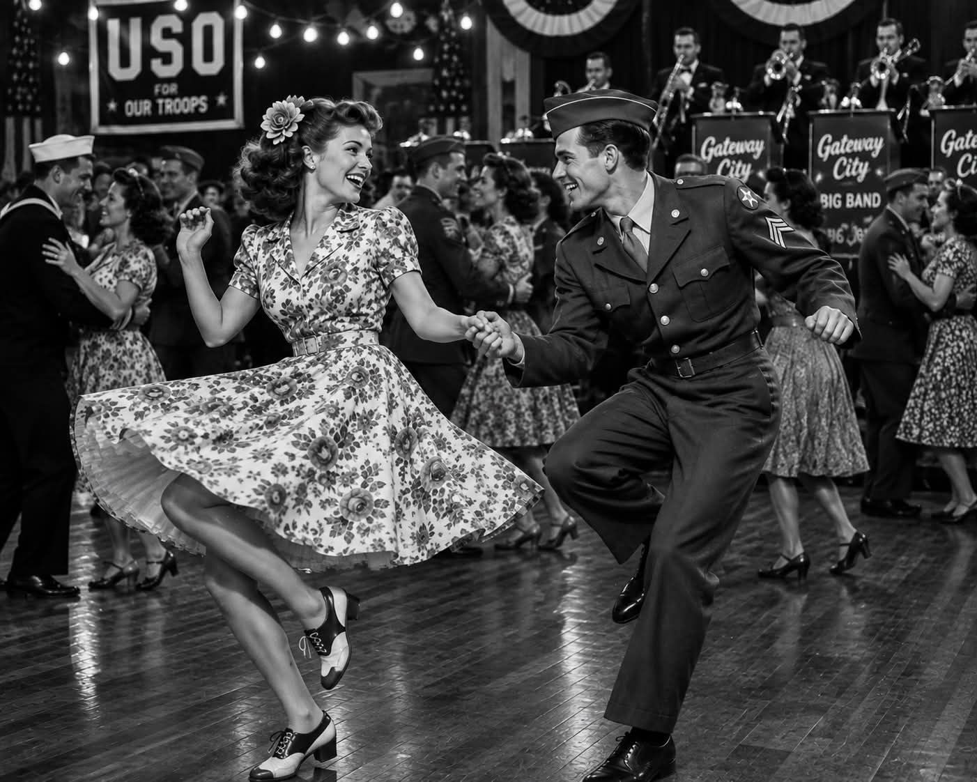 Couple dancing swing on a polished floor, with musicians and USO signs in the background.