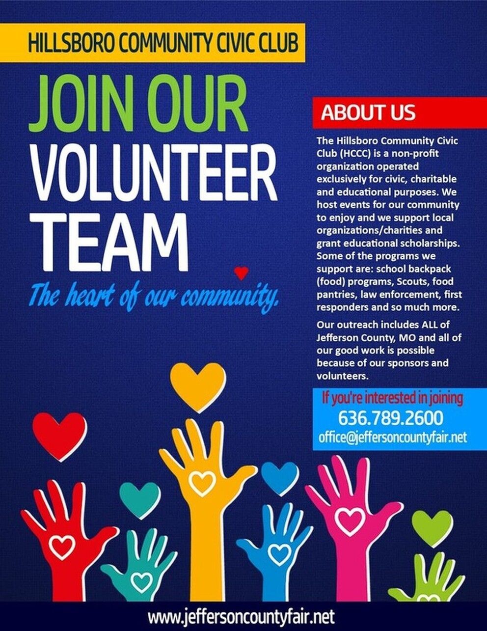 Hillsboro Community Civic Club volunteer recruitment poster with colorful raised hands and hearts on blue background