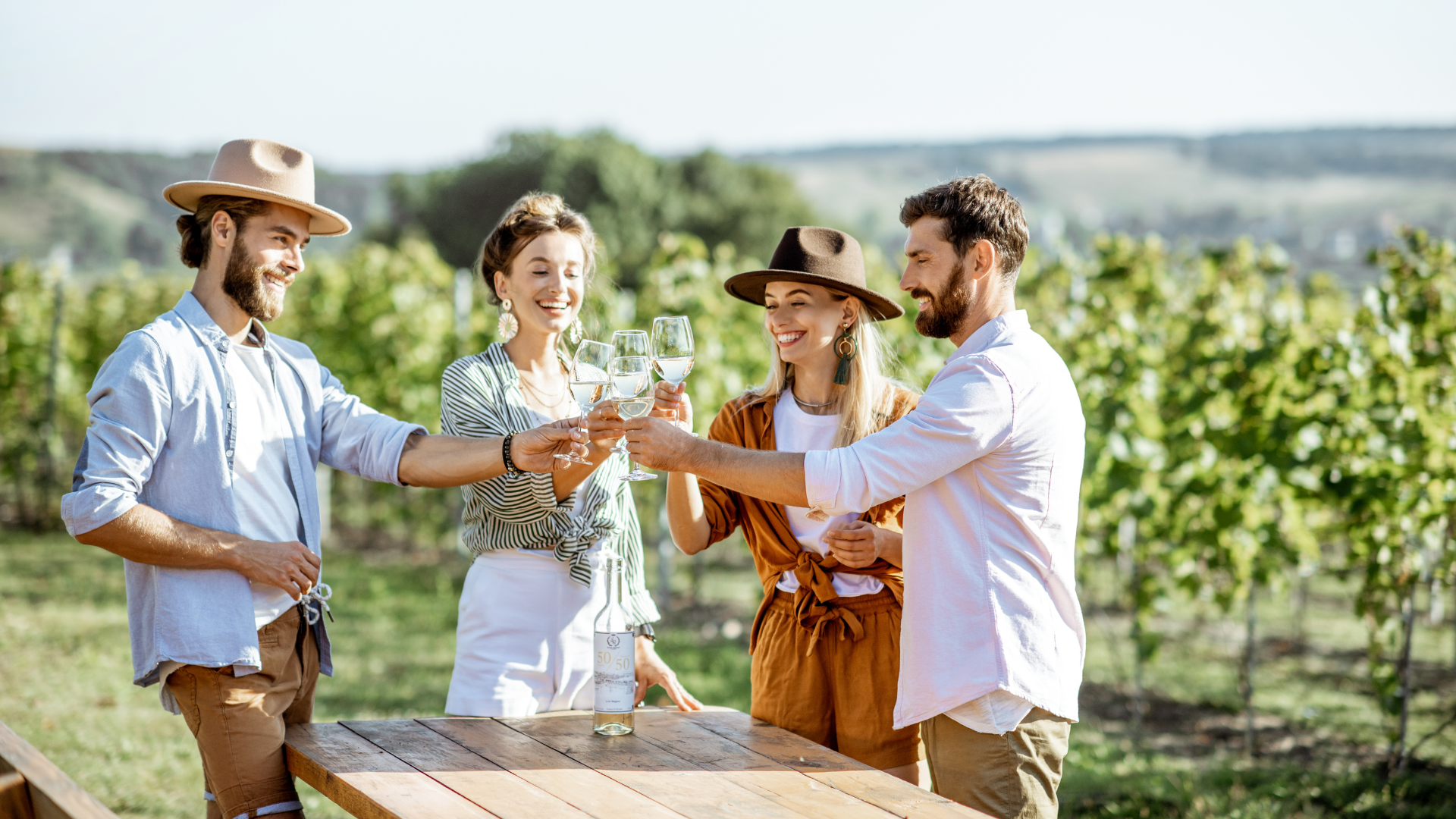 A group of people are toasting with wine glasses in a vineyard.