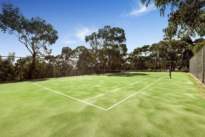 A tennis court surrounded by trees on a sunny day