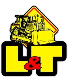 A logo for l & t construction company with a bulldozer