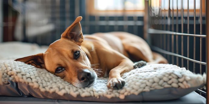 Small brown dog resting on a plush bed by a window, looking calmly at the camera