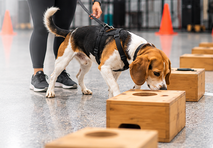 Beagle sniffing wooden boxes in an indoor training course with orange cones and a handler nearby