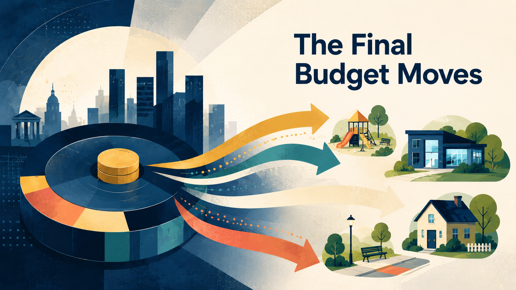 “The Final Budget Moves” graphic with coins shifting from city buildings to homes and farms